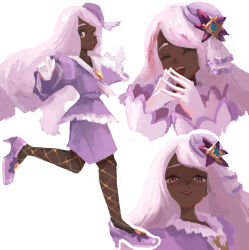  1girl absurdres cchan_tuka closed_eyes commentary_request dark-skinned_female dark_skin dress fishnet_pantyhose fishnets gloves hair_ornament high_heels highres jacinthe_(pokemon) long_hair looking_at_viewer looking_down multiple_views open_mouth pantyhose pokemon pokemon_legends:_z-a purple_dress purple_hair purple_shoes running shoes smile solo violet_eyes white_background white_gloves 