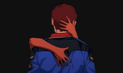  1boy 1girl alternate_universe amuro_ray arms_behind_back arms_behind_head brown_hair char's_counterattack collar commentary_request couple dark-skinned_female dark_skin desi earth_federation good_end gundam highres holding hug implied_kiss jacket lalah_sune long_sleeves military_uniform mobile_suit_gundam science_fiction short_hair simple_background yy0880yy 