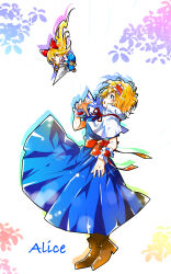  1girl absurdres alice_margatroid blonde_hair blue_dress blue_eyes book boots brown_boots capelet character_name commentary doll dress frilled_hairband frills full_body grimoire grimoire_of_alice hairband highres open_mouth puppet_strings red_hairband shanghai_doll solo touhou white_capelet wrist_cuffs yuya_(euky8335) 