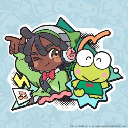  >_o 2boys arm_up black_hair bow bowtie brown_eyes cardigan chibi closed_mouth commentary copyright_notice dark-skinned_male dark_skin frog green_cardigan green_hat hasunoue_keroppi hat headphones highres kero_kero_keroppi lightning_bolt_symbol long_sleeves looking_at_viewer lucio_(overwatch) male_focus multiple_boys musical_note official_art one_eye_closed outline overwatch red_bow red_bowtie sanrio screentones short_hair simple_background smile speech_bubble spoken_musical_note traditional_bowtie white_outline 