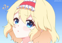  1girl ? ?? alice_margatroid blonde_hair blue_eyes blush bnelsey commentary english_commentary frilled_hairband frills hairband looking_at_viewer medium_hair red_hairband solo touhou twitter_username 