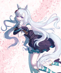  1girl absurdres animal_ears asymmetrical_footwear asymmetrical_gloves asymmetrical_sleeves bare_shoulders black_dress black_gloves blue_hair braid breasts center_frills collarbone commentary_request crown_braid dress ear_ornament ear_ribbon frills gloves hanong_06 highres horse_ears horse_girl horse_tail long_hair looking_at_viewer mejiro_ardan_(crystalline)_(umamusume) mejiro_ardan_(umamusume) mismatched_gloves off-shoulder_dress off_shoulder open_mouth smile solo tail umamusume uneven_footwear uneven_sleeves violet_eyes white_gloves 