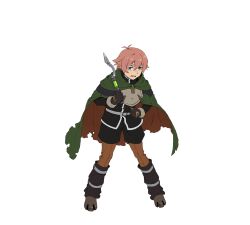  1boy antenna_hair armor artist_request boots breastplate cloak freckles full_body gloves green_cloak hair_between_eyes highres holding holding_weapon long_sleeves looking_at_viewer luzulas_dotta multicolored_eyes official_art open_mouth pink_hair short_hair solo standing sweatdrop torn_cloak torn_clothes transparent_background weapon yuushakei_ni_shosu 