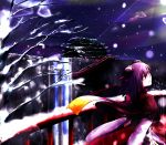  1girl architecture bandages bridge bun_cover chinese_clothes double_bun east_asian_architecture highres ibaraki_kasen itocoh night pink_eyes pink_hair scarf short_hair skirt snow solo tabard touhou water waterfall winter 