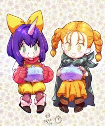  2girls aged_down bianca_(dq5) blonde_hair blue_hair blush bodysuit boots bow braid brown_boots cape commentary_request crossover dated dragon_quest dragon_quest_v dress earrings eiko_carol final_fantasy final_fantasy_ix floral_background flower food full_body green_cape green_eyes hair_bow horns invisible_chair jewelry long_hair multiple_girls non_(nonbiriya_mini) open_mouth overalls red_bodysuit short_hair single_horn sitting slime_(dragon_quest) smile steamed_bun twin_braids twintails yellow_bow yellow_dress yellow_overalls 