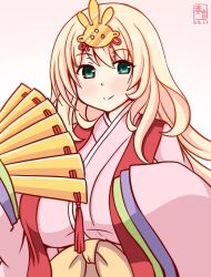  1girl alternate_costume artist_logo atago_(kancolle) blonde_hair blush breasts dated folding_fan green_eyes hair_ornament hand_fan hinamatsuri hirabitai holding japanese_clothes kanon_(kurogane_knights) kantai_collection kimono large_breasts layered_kimono logo long_hair looking_at_viewer pink_background saishi smile solo upper_body wide_sleeves 
