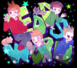  4boys :d animification annoyed antenna_hair bandage_on_cheek black_background black_pants blue_eyes blue_hoodie blue_pants blush brown_hair brown_pants bruise bruise_on_face cat cigar clenched_teeth commentary copyright_name crossed_legs dated_commentary denim drawstring edd_(eddsworld) eddsworld fewer_digits flipped_hair gradient_eyes green_eyes green_hoodie green_jacket grey_cat grin gyuuum_planet99 hair_behind_ear hair_ears hand_on_own_face holding holding_cigar holding_mirror hollow_eyes hood hood_down hoodie injury jacket jeans long_sleeves looking_at_mirror looking_at_viewer male_focus matt_(eddsworld) mirror multicolored_eyes multiple_boys narcissism open_clothes open_jacket open_mouth orange_eyes orange_hair pants plain_epaulettes purple_hoodie red_hoodie ringo_(eddsworld) short_hair smile spiky_hair standing star_(symbol) swept_bangs teeth tom_(eddsworld) tord_(eddsworld) typo uneven_eyes waving 