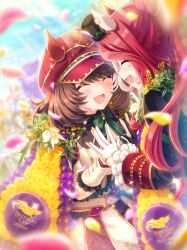  2girls absurdres animal_ears asymmetrical_gloves black_gloves black_jacket blush bow breasts breeders'_cup brown_hair closed_eyes crying ear_covers ears_through_headwear facial_mark flower game_cg gloves green_bow hair_between_eyes hair_ornament happy_tears hat heart heart_facial_mark heart_on_cheek highres horse_ears horse_girl jacket long_hair loves_only_you_(9927_wishes)_(umamusume) loves_only_you_(umamusume) marche_lorraine_(umamusume) mini_hat mini_top_hat mismatched_ear_covers mismatched_gloves multiple_girls official_art open_mouth petals red_hair short_hair skirt smile tears top_hat umamusume white_gloves white_jacket 