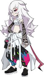 1girl arm_tattoo baggy_pants bare_shoulders belt black_pants black_shoes breasts bright_pupils can clothes_around_waist eyeshadow finger_tattoo graffiti guernica_(p5t) hair_between_eyes hand_on_own_hip hand_tattoo highres hip_tattoo jacket jacket_around_waist long_hair looking_at_viewer loose_belt makeup medium_breasts mouse_tail navel official_art oribe_hanako paint_on_clothes paint_splatter pants persona persona_5 persona_5_tactica pink_eyes red_eyeshadow shirt shoes sleeveless sleeveless_shirt smile smirk solo spray_can spray_paint tail tank_top tattoo tattoo_sleeve transparent_background two-tone_pants very_long_hair wavy_hair white_belt white_hair white_jacket white_pants white_pupils white_tank_top 