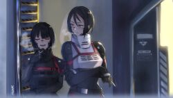  2girls android artist_name blue_eyes cigarette closed_eyes hand_up highres holding holding_cigarette indoors ladder majime_joe multiple_girls open_mouth signalis skin_seams smile smoke smoking star_(signalis) storch_(signalis) upper_body 