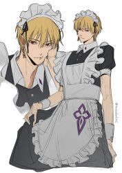  1boy apron arm_cuffs blonde_hair buttons closed_mouth collared_shirt crossdressing crossdressing_(mtf) earrings fate_(series) gilgamesh_(caster)_(fate) gilgamesh_(fate) hair_between_eyes hand_on_own_chest hand_up hashtag-only_commentary highres jewelry looking_at_viewer maid_apron maid_day maid_headdress male_focus multiple_views raisakaki01 red_eyes shirt short_hair short_sleeves simple_background twitter_username white_background 
