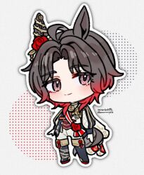  ahoge animal_ears black_boots black_jacket blush boots brooch brown_hair cape chibi closed_mouth ear_flower ear_ornament epaulettes flower flower_brooch gloves gradient_hair hashtag-only_commentary horse_ears horse_girl horse_tail jacket jewelry long_sleeves looking_at_viewer multicolored_hair pants red_hair red_sash rose_kingdom_(umamusume) saramiao-chan sash short_hair smile tail thigh_boots two-tone_hair umamusume vertical-striped_sleeves white_cape white_gloves white_pants 