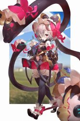  1girl black_pantyhose black_skirt bloomers blue_sky breasts capelet chest_guard eyepatch hair_ribbon hand_guard highres lagos_(monmusu_td) meadow monster_musume_td multicolored_hair official_artist_extra outdoors pantyhose pink_capelet pink_eyes pink_ribbon pink_skirt red_hair ribbon skirt sky small_breasts two-sided_capelet two-sided_fabric two-sided_skirt two-tone_hair white_capelet white_hair yogurt_bakudan 