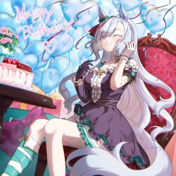  1girl animal_ears asymmetrical_footwear asymmetrical_gloves asymmetrical_sleeves balloon bare_shoulders black_dress black_gloves blue_hair blush box braid breasts cake center_frills chair commentary crown_braid dress ear_ornament ear_ribbon flower food frills fruit gift gift_box gloves hanong_06 happy_birthday heart heart_balloon horse_ears horse_girl horse_tail long_hair medium_breasts mejiro_ardan_(crystalline)_(umamusume) mejiro_ardan_(umamusume) mismatched_gloves off-shoulder_dress off_shoulder on_chair one_eye_closed open_mouth sitting smile solo strawberry streamers tail umamusume uneven_footwear uneven_sleeves violet_eyes white_gloves 