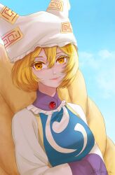  1girl absurdres artist_name blonde_hair blue_tabard breasts closed_mouth clouds commentary_request day dress hat highres kitsune kyuubi light_smile long_sleeves looking_at_viewer medium_breasts mob_cap multiple_tails ofuda ofuda_on_clothes outdoors own_hands_together short_hair sky solo suiya_seiga tabard tail teeth touhou upper_teeth_only white_dress white_hat yakumo_ran yellow_eyes 