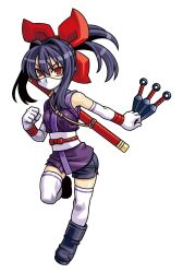  1girl ankle_boots black_boots black_shorts boots elbow_gloves gloves hair_ribbon harakawa_mitsuhiro high_ponytail holding holding_kunai holding_weapon japanese_clothes katana kimono kunai mask mouth_mask ninja ninja_mask obi official_art ponytail purple_hair purple_kimono red_eyes red_ribbon ribbon ringed_eyes sash sheath shinrabanshou short_kimono shorts sidelocks sleeveless sleeveless_kimono solo standing standing_on_one_leg sword thigh-highs third-party_source transparent_background weapon weapon_on_back white_gloves white_thighhighs yuuyami_no_mikazuki 