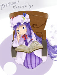  1girl absurdly_long_hair blunt_bangs blush book bow bowtie chair character_name coat commentary_request crescent crescent_pin dress english_text from_above hat highres holding holding_book long_hair long_sidelocks long_sleeves looking_at_viewer mob_cap on_chair open_book pa._(tatuya28001) patchouli_knowledge purple_coat purple_dress purple_hair purple_hat red_bow red_bowtie sidelocks sitting smile snowflakes solo striped_clothes striped_dress touhou vertical-striped_clothes vertical-striped_dress very_long_hair violet_eyes 