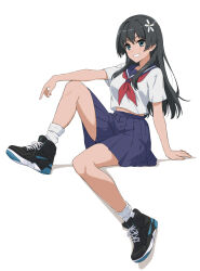  1girl black_hair black_shoes blue_eyes blue_sailor_collar blue_skirt commentary flower grin hair_flower hair_ornament highres infinite_moppy invisible_chair long_hair looking_at_viewer midriff_peek neckerchief parted_lips pleated_skirt red_neckerchief sailor_collar sakugawa_school_uniform saten_ruiko school_uniform serafuku shirt shoes short_sleeves sitting skirt smile sneakers socks solo toaru_kagaku_no_railgun toaru_majutsu_no_index white_background white_shirt white_socks 