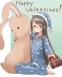  1girl absurdres barefoot blue_hat blue_pajamas blue_pants blue_shirt blush box brown_hair cat_hair_ornament collarbone collared_shirt commentary_request cowlick english_text frilled_shirt_collar frills gift gift_box glasses green_background hair_ornament hairpin happy_valentine hat highres holding holding_box long_hair long_sidelocks long_sleeves looking_at_viewer nightcap original outstretched_arm pa._(tatuya28001) pajamas pants polka_dot polka_dot_hat polka_dot_pajamas polka_dot_pants polka_dot_shirt shirt sidelocks simple_background sitting smile solo stuffed_animal stuffed_rabbit stuffed_toy swept_bangs valentine very_long_hair white_background yellow_eyes 