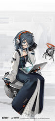  1girl absurdres ankle_boots black-framed_eyewear black_gloves black_hair black_pantyhose blue_dress blue_eyes boots breasts chinese_commentary cleavage_cutout clothing_cutout commentary_request computer copyright_name copyright_notice dress feet_out_of_frame glasses gloves grey_background hair_over_one_eye hand_up headphones highres laptop logo long_dress looking_at_viewer official_art on_stool one_eye_covered pantyhose parted_lips round_eyewear semi-rimless_eyewear short_hair sitting small_breasts solo stool under-rim_eyewear white_boots white_sleeves xingliang_(xinyue_tongxing) xinyue_tongxing 