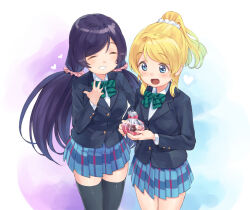  2girls :d ayase_eli bag_of_cookies black_thighhighs blazer blonde_hair blue_eyes blue_jacket blue_skirt blush bow bowtie closed_eyes collared_shirt color-coded commentary_request cowboy_shot diagonal-striped_bow diagonal-striped_bowtie diagonal-striped_clothes dress_shirt eichisu gift_bag green_bow green_bowtie grin hair_ornament hair_scrunchie heart high_ponytail jacket long_hair long_sleeves looking_at_food love_live! love_live!_school_idol_project low_twintails miniskirt multiple_girls open_mouth otonokizaka_school_uniform parted_bangs pink_scrunchie plaid_clothes plaid_skirt pleated_skirt ponytail purple_hair school_uniform scrunchie shirt skirt smile striped_bow striped_bowtie striped_clothes swept_bangs thigh-highs tojo_nozomi twintails white_scrunchie white_shirt winter_uniform zettai_ryouiki 