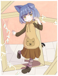  1girl alternate_costume animal_ears bastet_lore black_boots blue_hair boots brown_skirt cat_ears cat_girl cat_tail commentary_request emil_chronicle_online highres hood hoodie open_mouth orange_hoodie senkyoku_niban skirt socks solo standing standing_on_one_leg striped_clothes striped_socks tail yellow_eyes 