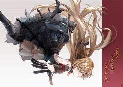  1girl backless_dress backless_outfit bare_shoulders boots braid brown_eyes commentary crinoline cross cross_earrings dress earrings falling girls_frontline gloves hair_ornament hair_ribbon hairclip half_gloves high_heel_boots high_heels highres jewelry long_hair looking_at_viewer lotan parted_lips ppk_(girls'_frontline) ppk_(mod3)_(girls'_frontline) ribbon solo very_long_hair 