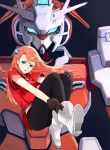  1girl absurdres adjusting_clothes aida_rayhunton boots cleavage_cutout g-arcane gloves green_eyes gundam gundam_g_no_reconguista hair_ornament highres jpeg_artifacts long_hair looking_at_viewer mecha open_mouth orange_hair parted_lips pink_hair smile wing_(wingho) zero_gravity 