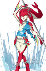 1girl blue_shawl colored_skin commentary commission english_commentary fins fish_girl hair_ornament highres holding holding_polearm holding_weapon jewelry lilimoon_draws long_hair mipha monster_girl multicolored_skin no_eyebrows open_mouth polearm red_hair red_skin shawl solo spear the_legend_of_zelda the_legend_of_zelda:_breath_of_the_wild water weapon white_background yellow_eyes zora 