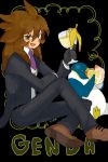  1boy banana_peel bird black_background black_gloves brown_hair cake character_name eating fang food formal genda_koujirou glass gloves inazuma_eleven inazuma_eleven_(series) l_hakase long_hair male necktie penguin sitting solo suit 