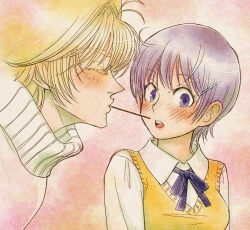  1boy 1girl ahoge arcueid_brunestud black_hair blonde_hair blue_eyes blue_ribbon blush breasts closed_eyes collared_shirt colored_eyelashes couple food food_in_mouth genderswap genderswap_(ftm) genderswap_(mtf) hair_intakes hair_ornament hairpin looking_at_viewer misaki_municipal_high_school_uniform official_alternate_design open_mouth pocky pocky_in_mouth poppoh ribbon school_uniform shirt short_hair sweat sweater tohno_shiki tsukihime turtleneck turtleneck_sweater vest white_shirt white_sweater yellow_vest 