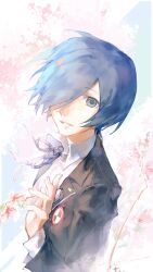  1boy aekt99 black_jacket blue_background blue_eyes blue_hair cherry_blossoms gekkoukan_high_school_uniform hair_over_one_eye hashtag-only_commentary headphones highres jacket looking_at_viewer neck_ribbon persona persona_3 ribbon school_uniform shirt smile solo white_shirt yuuki_makoto_(persona_3) 