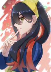  1girl 3q_vbp_poke black_hair blue_jacket carmine_(pokemon) closed_mouth colored_inner_hair commentary_request eyelashes from_side hair_between_eyes hairband highres jacket long_hair long_sleeves looking_at_viewer mole mole_under_eye multicolored_hair pokemon pokemon_sv red_hair solo two-tone_hair upper_body yellow_eyes yellow_hairband 