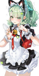  1girl absurdres animal_ear_hairband animal_ears animal_ears_(norankkori) bell black_dress blush cat_ear_hairband cat_ears commentary cowboy_shot drawn_whiskers dress earrings fake_animal_ears frilled_dress frilled_sleeves frills ghost_hair_ornament green_eyes green_hair green_nails hair_ornament hairband heart heart_earrings heart_hair_ornament highres jewelry looking_at_viewer maid maid_headdress multiple_hair_clips neck_bell official_alternate_costume open_mouth ponytail red_bag simple_background solo sunna_(afternoon_tea_break)_(zenless_zone_zero) sunna_(zenless_zone_zero) white_background white_wings winged_bag wings zenless_zone_zero 