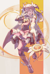  1girl ;d ascot boots collared_dress commentary_request cross dress earrings fate/kaleid_liner_prisma_illya fate_(series) foreshortening frilled_skirt frilled_thigh_strap frills full_body gloves grey_hair hand_up highres holding holding_wand huanxiang_huifeng illyasviel_von_einzbern jewelry kaleidostick latin_cross long_hair looking_at_viewer magical_girl magical_ruby one_eye_closed open_mouth outstretched_arm pink_dress skirt sleeveless sleeveless_dress smile solo sparkle standing standing_on_one_leg thigh_boots thigh_strap v v_over_eye wand white_gloves white_skirt yellow_ascot 