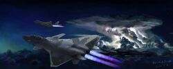  absurdres afterburner aircraft airplane canards clouds cloudy_sky dated fighter_jet highres impasto incredibly_absurdres military_vehicle night original people's_liberation_army people's_liberation_army_air_force shenyang_j-35 signature sky thunderstorm vehicle_focus zhannanren_bu_zhan 