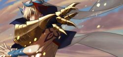  1boy blonde_hair clouds commentary_request covered_mouth fate/grand_order fate_(series) gauntlets gilgamesh_(caster)_(fate) gilgamesh_(fate) hands_up high_collar highres jewelry light_particles male_focus no_shirt open_hands outdoors raisakaki01 red_eyes shoulder_tattoo single_gauntlet solo tattoo turban upper_body variant_set white_turban 