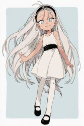  1girl ai-assisted bell_(ppgd) black_hairband black_shoes blue_background colokhan commentary dress dress_shoes english_commentary full_body green_eyes hairband highres long_bangs long_hair looking_at_viewer pantyhose powerpuff_girls powerpuff_girls_doujinshi shoes sleeveless smile very_long_hair white_background white_dress white_hair white_pantyhose 