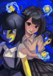  3girls :d ahoge antenna_hair behind_another black_eyes black_hair black_skirt blue_background blue_skin blunt_bangs blunt_sidelocks bright_pupils buttons chibi collared_shirt colored_skin commentary dark-skinned_female dark_skin dated detached_ahoge dress_shirt ena_(ena) ena_(series) ena_(species) ena_(web_series) english_commentary hand_on_another's_shoulder happy_ena highres human_ena looking_at_viewer low_poly multicolored_skin multiple_girls multiple_persona parted_bangs pleated_skirt shirt short_sleeves sidelocks signature skirt smile suspender_skirt suspenders suspenders_slip teeth two-tone_skin upper_body upper_teeth_only usagimarumei white_pupils white_shirt yellow_skin 