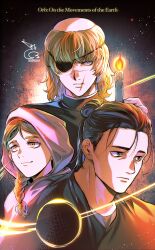  1girl 2boys absurdres badeni baehee5502 black_hair black_tabard blonde_hair braid braided_ponytail candlestand chi.:_chikyuu_no_undou_ni_tsuite closed_mouth commentary_request copyright_name dated hair_bun highres holding holding_candlestand hood hood_up jolenta korean_commentary looking_to_the_side medium_hair multiple_boys oczy scar scar_on_face scar_on_lip scar_on_mouth scar_on_nose signature single_braid single_hair_bun smile tabard tonsure 