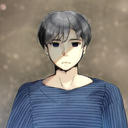  1boy blue_eyes blue_shirt brown_background closed_mouth commentary_request empty_eyes expressionless final_sword frown grey_hair light_particles lips looking_at_viewer male_focus nostrils protagonist_(final_sword) shirt short_hair solo straight-on striped_clothes striped_shirt totsukemu upper_body vertical-striped_sleeves 