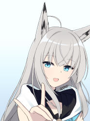 1girl ahoge animal_ear_fluff animal_ears ayana_ayase azur_lane blue_eyes blue_neckerchief commentary_request cosplay detached_sleeves fox_ears fox_girl fox_shadow_puppet grey_hair highres hololive hood hooded_vest hoodie kawakaze_(azur_lane) long_hair looking_at_viewer neckerchief open_mouth shirakami_fubuki shirakami_fubuki_(1st_costume) shirakami_fubuki_(cosplay) sidelocks simple_background smile solo vest virtual_youtuber white_hoodie 