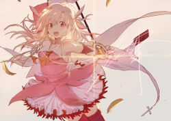  1girl :d absurdres arm_up ascot between_fingers blonde_hair breasts brown_eyes cape card card_between_fingers class_card_(prisma_illya) commentary_request cowboy_shot cross dress earrings falling_petals fate/kaleid_liner_prisma_illya fate_(series) feather_hair_ornament feathers gloves grey_background hair_ornament highres holding holding_card holding_wand illyasviel_von_einzbern jewelry kaleidostick latin_cross layered_gloves long_hair magical_ruby open_mouth petals pink_dress prisma_illya red_thighhighs signature skirt sleeveless sleeveless_dress small_breasts smile solo sparkling_eyes thigh-highs tsuiru wand white_cape white_gloves white_skirt yellow_ascot yellow_petals 