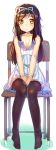  1girl brown_hair chair dress hairband hands_in_lap long_hair mokyu_(kukoudesu) orange_eyes sitting solo thigh-highs white_background 