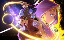  1girl 2boys badeni baehee5502 black_hair black_tabard blonde_hair book chi.:_chikyuu_no_undou_ni_tsuite commentary_request dated eyepatch gloves highres holding holding_book holding_sword holding_weapon hood hood_up jolenta korean_commentary medium_hair multiple_boys oczy open_book orbital_path scar scar_on_face scar_on_lip scar_on_mouth scar_on_nose serious signature sky sleeves_rolled_up space star_(sky) starry_sky sword tabard tonsure weapon yellow_eyes 