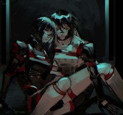  2girls android belyjmotylek black_eyes black_hair blunt_bangs commentary english_commentary highres looking_at_viewer multiple_girls red_pupils serious short_hair signalis signature sitting skin_seams star_(signalis) storch_(signalis) 
