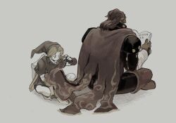  26_zzzzzz 2boys alternate_hair_length alternate_hairstyle armor book boots bracer cape closed_mouth collared_shirt commentary_request crossed_legs dark-skinned_male dark_skin dot_mouth facing_away fingerless_gloves full_body ganondorf gloves grey_background hair_intakes hands_up holding holding_book layered_sleeves leggings link looking_down male_focus multiple_boys muted_color needle open_book parted_bangs phrygian_cap reading sewing sewing_needle shield shield_on_back shirt short_sleeves shoulder_armor size_difference sword sword_on_back the_legend_of_zelda the_legend_of_zelda:_ocarina_of_time torn_cape torn_clothes wavy_hair weapon weapon_on_back 