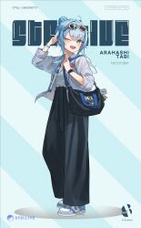 1girl ;d absurdres alternate_costume alternate_hairstyle arahashi_tabi badge bag black_bag black_pants blue_background blue_eyes blue_hair blue_shoes blush breasts button_badge character_name collarbone collared_shirt commentary_request copyright_name cover cover_page diagonal-striped_background drawstring eyewear_on_head firehippo flute full_body furrowed_brow grey_shirt hair_bun hair_intakes hands_up highres instrument jewelry korean_commentary long_hair looking_at_viewer medium_breasts messy_hair multicolored_shoes necklace nike_(company) one_eye_closed open_clothes open_mouth open_shirt pants recorder salute shirt shoes shoulder_bag shoulder_strap sidelocks single_hair_bun smartwatch smile sneakers solo standing stellive striped_background sunglasses teeth thick_eyelashes three-quarter_sleeves turning_head two-finger_salute two-tone_shoes untied_shoelaces upper_teeth_only virtual_youtuber watch watch white_shirt white_shoes wristband 