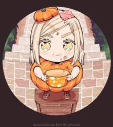  1boy aged_down alternate_costume blonde_hair child chocolate chocolate_on_face ear_piercing food food_on_face green_eyes halloween halloween_bucket halloween_costume highres holding holding_halloween_bucket holding_pumpkin long_hair male_focus multicolored_eyes naked_pumpkin niko20223 piercing pumpkin pumpkin_costume pumpkin_hat sanzu_haruchiyo scar scar_on_face scar_on_mouth straight_hair tokyo_revengers trick-or-treating two-tone_eyes yellow_eyes 
