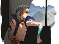  1boy arm_tattoo bare_shoulders blonde_hair closed_mouth commentary_request cropped_vest earrings fate/grand_order fate_(series) gilgamesh_(caster)_(fate) gilgamesh_(fate) gold_earrings highres jewelry male_focus no_shirt open_clothes open_vest profile raisakaki01 red_eyes short_hair shoulder_tattoo solo tattoo toned toned_male turban upper_body vest white_turban 